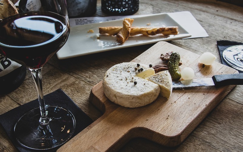 wine and cheese at a wine bar